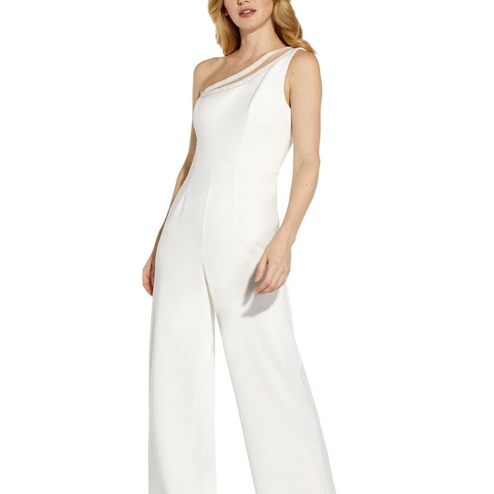 Adrianna Papell Embellished One-Shoulder Jumpsuit Ivory Size 6